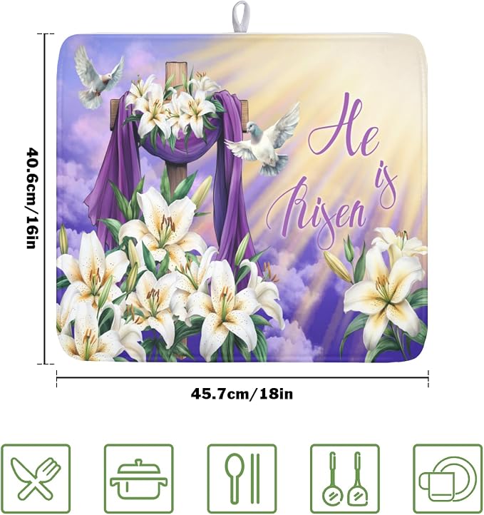Easter Dish Drying Mat for Kitchen Counter He is Risen Cross Floral Purple - Image 2