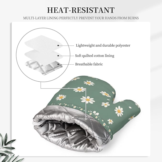 Oven Mitts and Pot Holders Daisy Flower Green Silicone Kitchen Accessories Set - Image 4