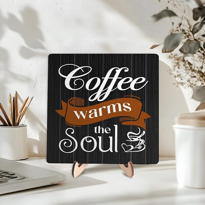 Coffee Bar Sign Plaque Decor, Coffee Bar Accessories, Rustic Wooden Tabletop - Image 3