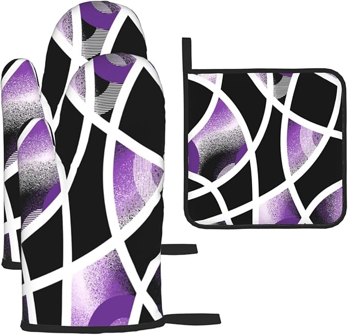 3-Piece Purple Black Abstract Geometric Oven Mitts and Pot Holders Set by Unknown