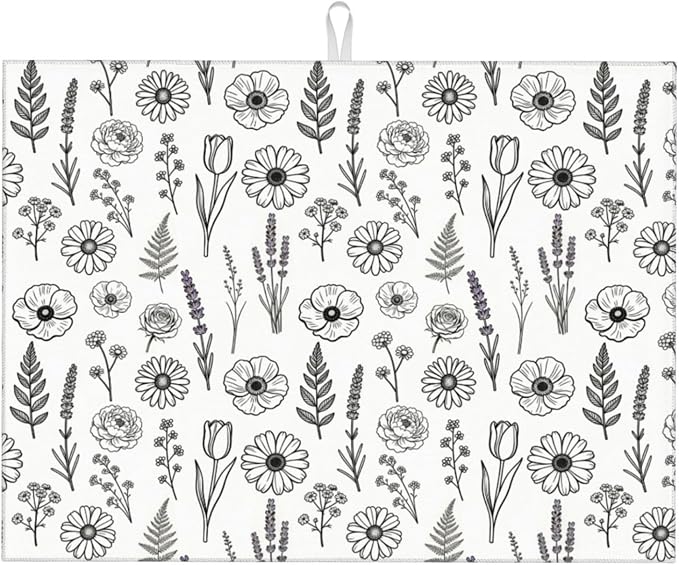Black and White Floral Aesthetics Dish Drying Mat, by Vodbne