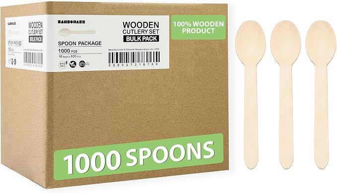 Wooden Spoons 1000 Pieces Bulk Pack | Heavy-Duty Birch Wood Disposable Spoons | by Bamboware