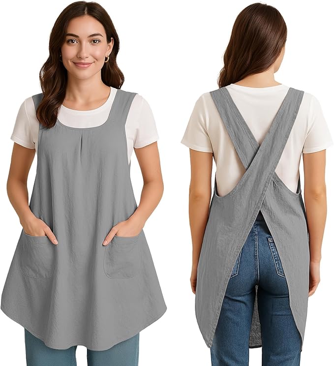 Apron for Women with Pocket Cotton Linen, Japanese Cross Back Apron for by ROLOSI
