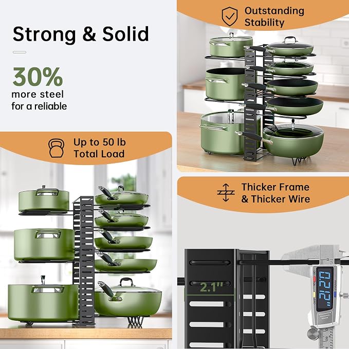 MUDEELA Pots and Pans Organizer Rack under Cabinet 8-Tiers Adjustable Pot Rack - Image 7