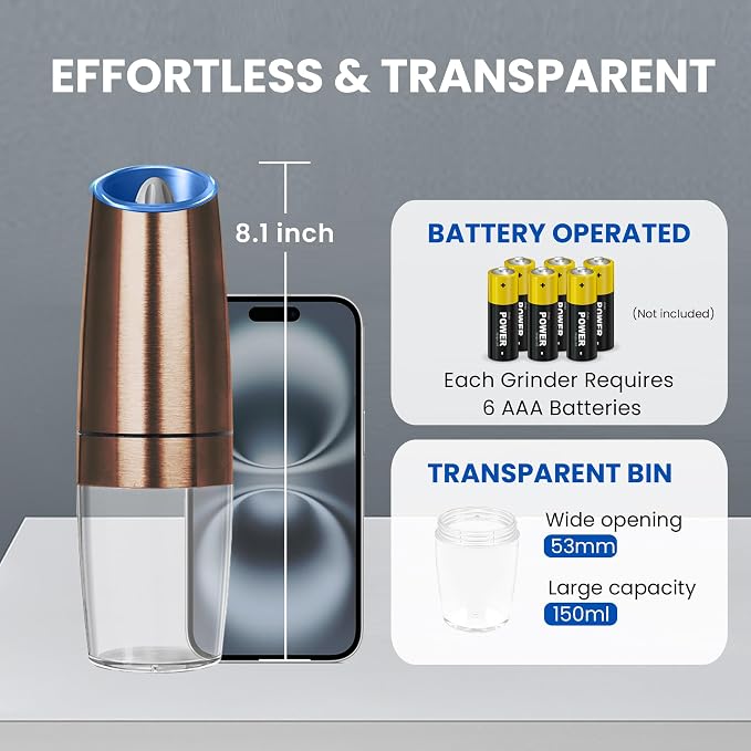 UNNEES Gravity Electric Salt and Pepper Grinder set of 2, Automatic Salt And - Image 5