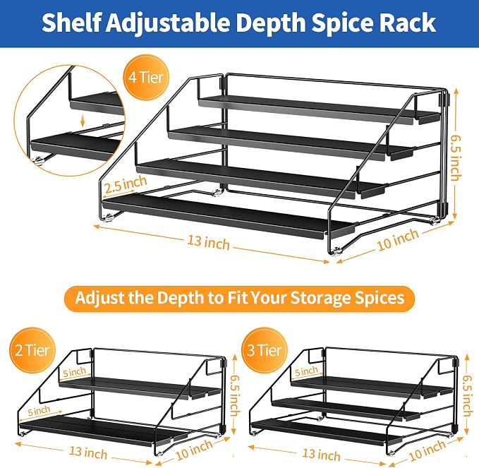 BOIVSHI 4 Tier Spice Rack for Cabinet, Spice Rack Organizer, Depth Adjustable - Image 4