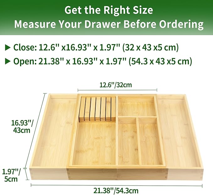 VaeFae Bamboo Kitchen Drawer Organizer, Utensil Tray - Image 2