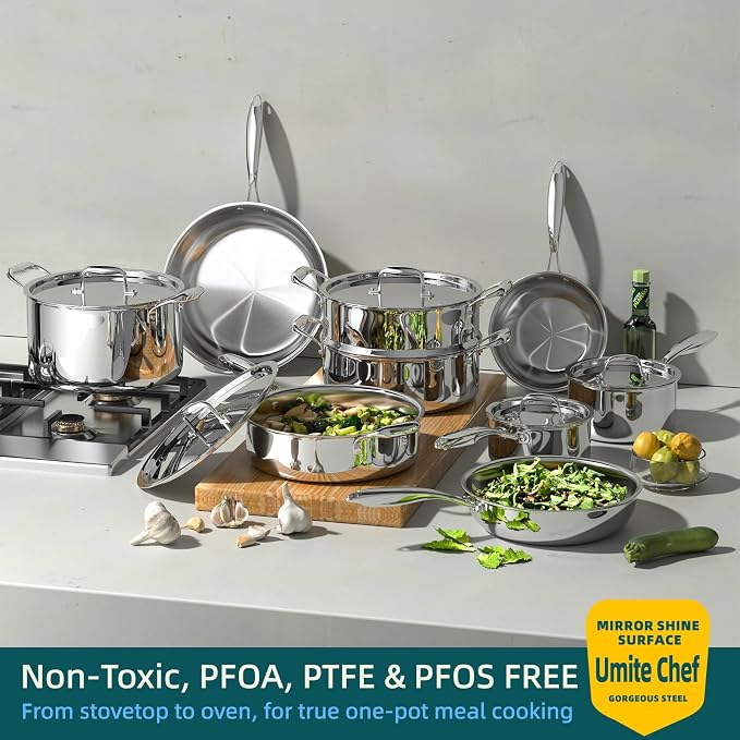 Umite Chef Stainless Steel Cookware Set, 5 Ply 14 Piece Stainless Steel Pot and - Image 3
