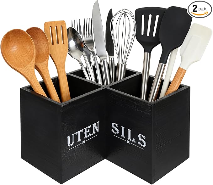 Kitchen Utensils Holder with 3 Compartments, Corner Utensil Caddy, Wooden by Unknown