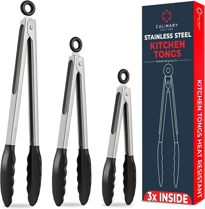 Kitchen Tongs with Silicone Tips Set of 3 Heat Resistant Tongs by CulinaryCouture