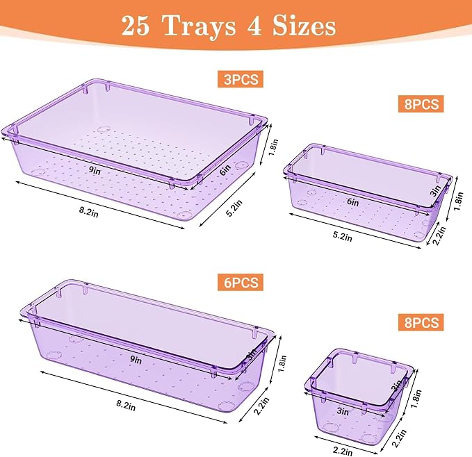 SpaceHacks 25 PCS Plastic Drawer Organizer Set, 4-Size Versatile Organizer - Image 2