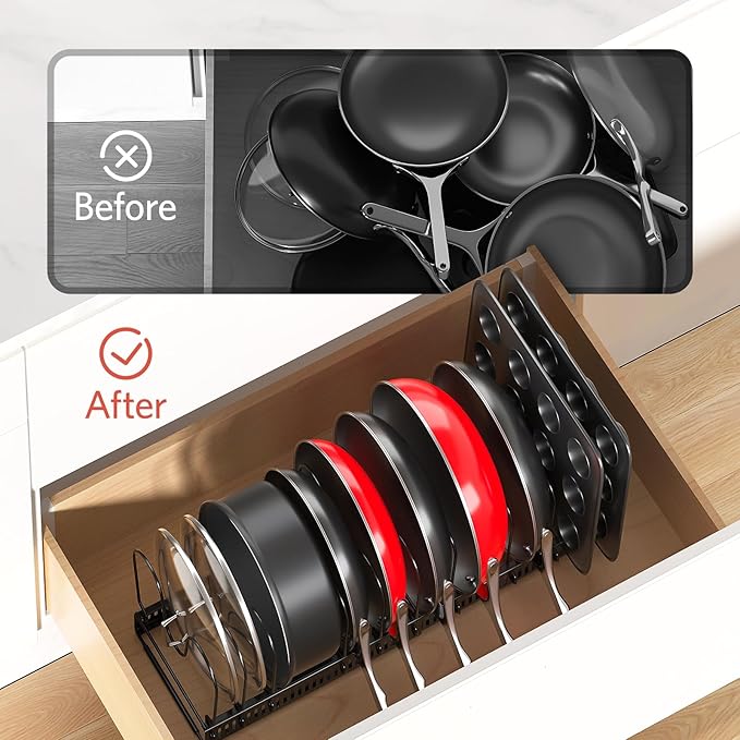 ORDORA Pots and Pans Organizer under Cabinet, Expandable 11.8"-22.8" Pot Lid - Image 6