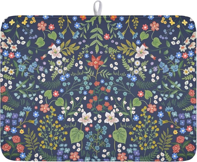 Flower Floral Dish Drying Mat 18x24 inch Microfiber Navy Blue Drying Mats by Giwawa