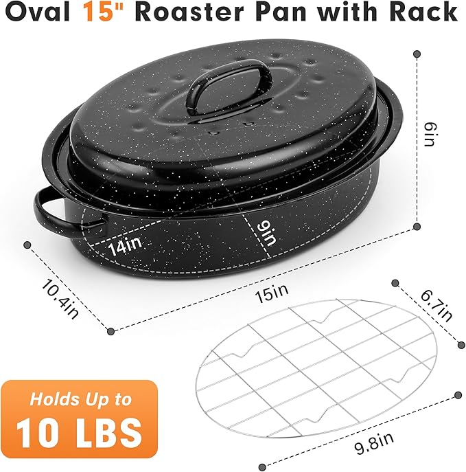 15” Roaster Pan with Lid and Rack, Small Enamel Roaster Pan with Oval Roasting - Image 2