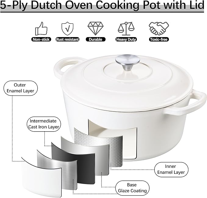 E-far Dutch Oven Pot with Lid, 5 Quart Enameled Cast Iron Round Dutch Oven - Image 4