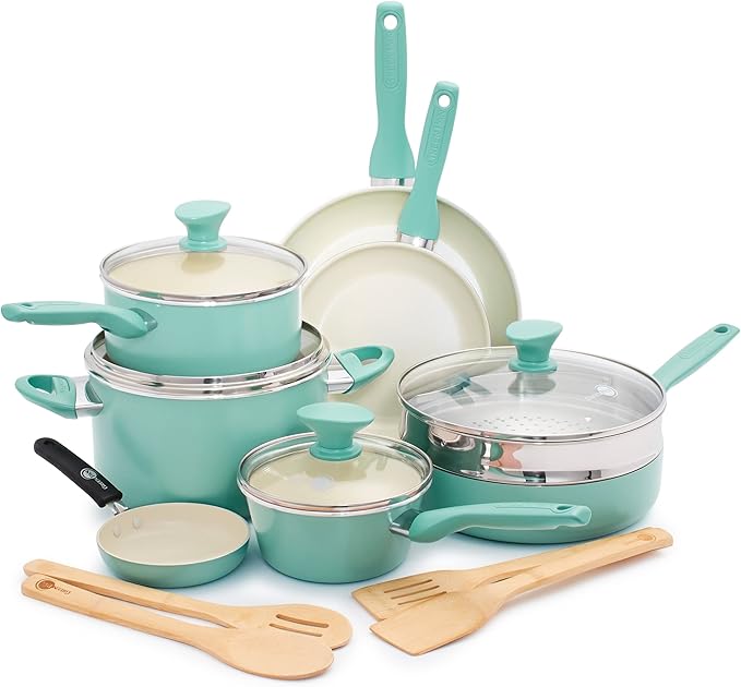 GreenPan Rio Healthy Ceramic Nonstick 16 Piece Cookware Pots and Pans Set by GreenPan