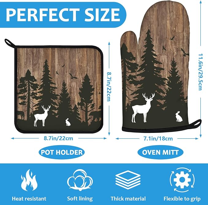 Deer Forest Wood Grain Oven Mitts and Pot Holders Sets Heat Resistant 4Pcs - Image 2