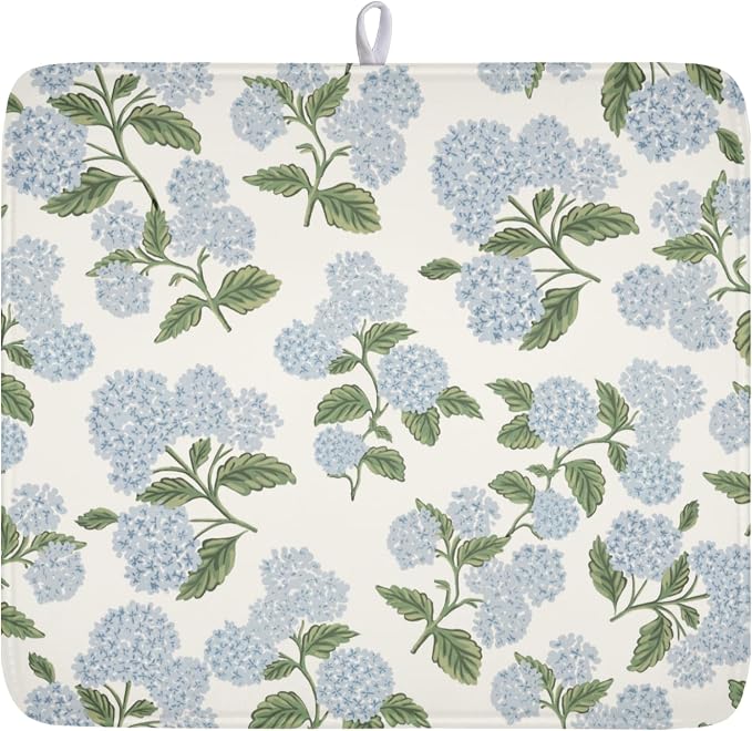 Blue Hydrangea Floral Dish Drying Mat by Unknown