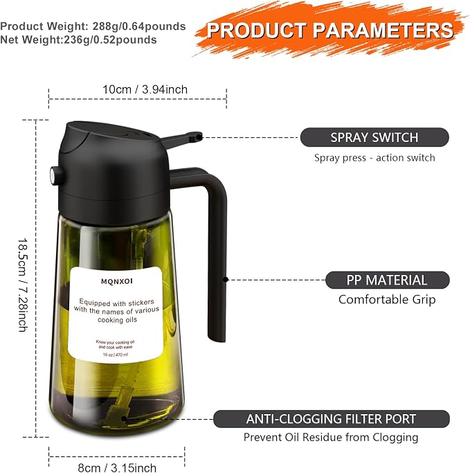 mqnxoi Oil Sprayer for Cooking, 2 in 1 Olive Oil Dispenser Bottle for Kitchen - Image 8