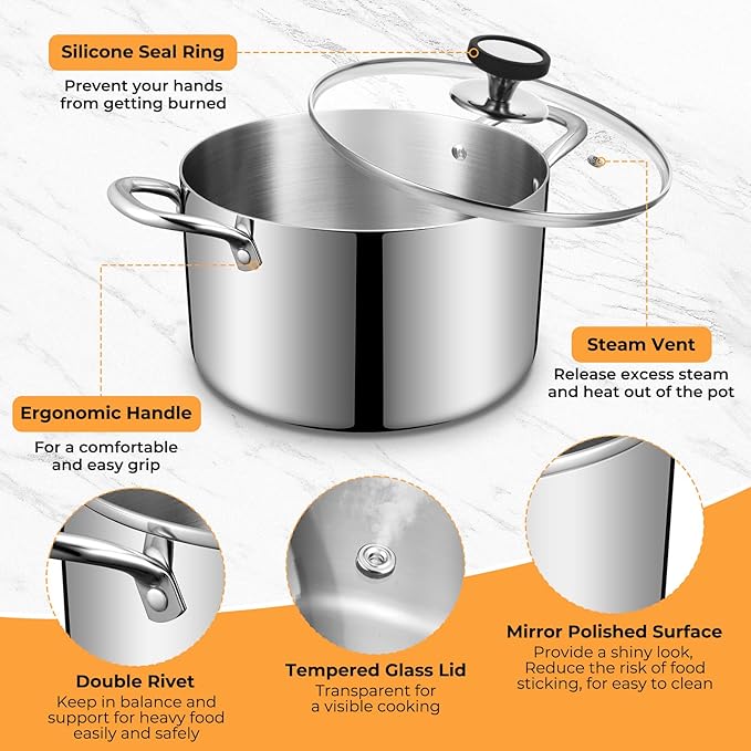 Tri-Ply Stainless Steel Stock Pot, 6.5 Quart Heavy Duty Induction Cooking Pot - Image 4
