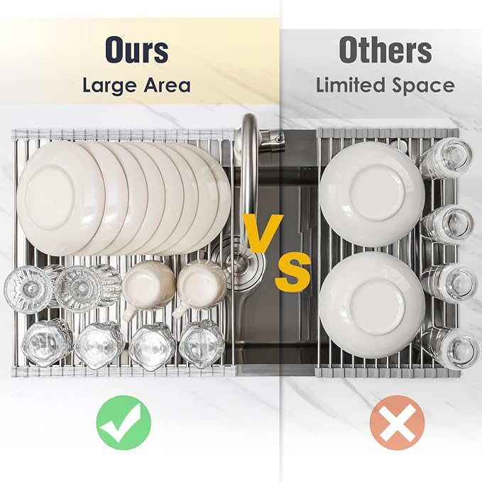 Tomorotec Stainless Steel Roll-Up Dish Drying Rack Marble Color Silicone Edges - Image 6