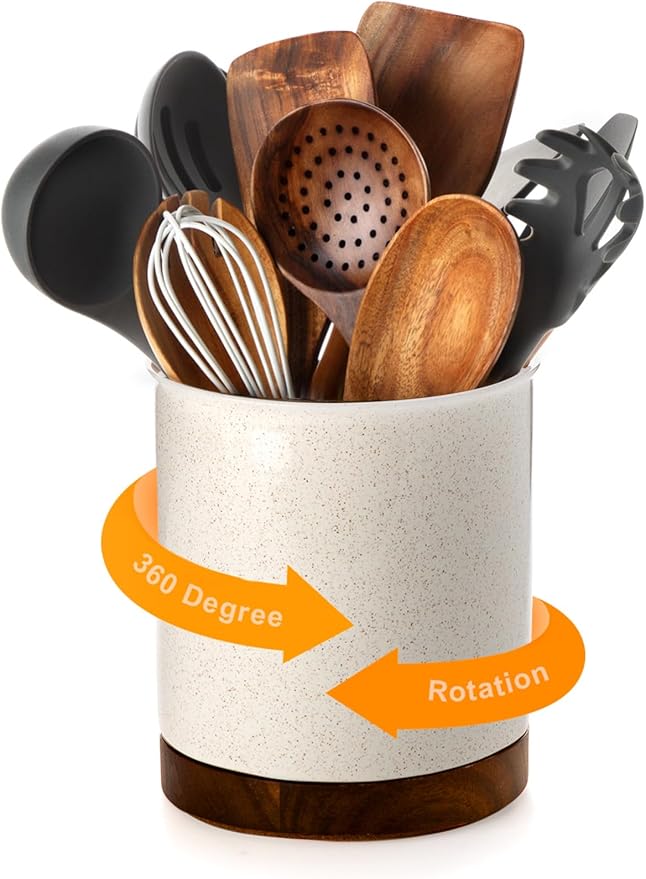 Nucookery 360°Rotating Utensil Holder, 7.2" Large Utensil Crock, Farmhouse by Nucookery