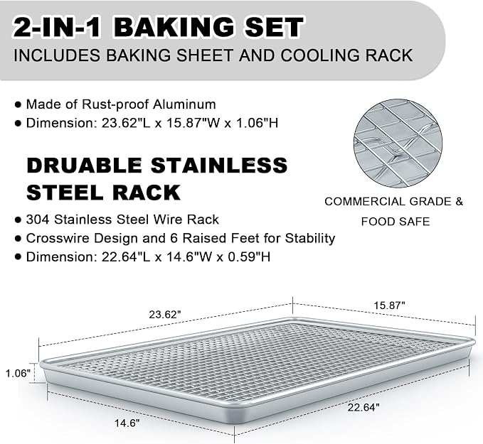 24 Inch Baking Sheet Pans with Rack Set, Natural Aluminum Cookie Sheet - Image 2