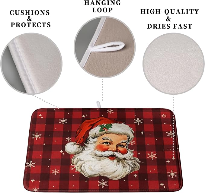 Santa Claus Christmas Dish Drying Mat Xmas Red and Black Buffalo Plaid - Image 3