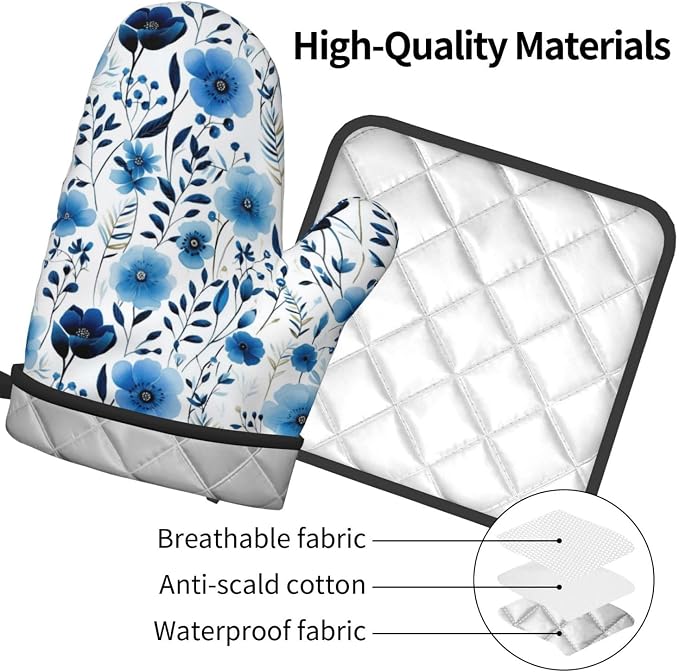 Blue Floral Oven Mitts and Pot Holders Sets of 3, Heat Resistant Cute - Image 9