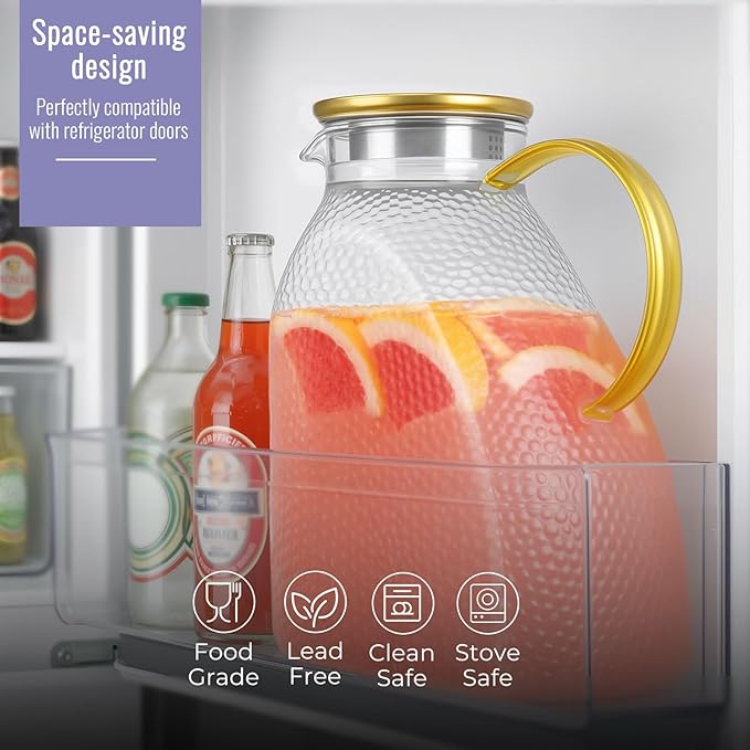 Glass Pitcher With Lid and Spout, 1.8 Liter 60 oz Glass Pitchers With Handle - Image 3