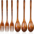 6 Pcs Wooden Forks and Spoons Reusable Wooden Spoons Forks Set Eating Utensil by Unknown