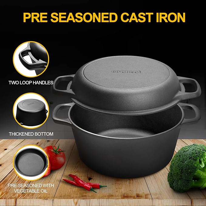 EDGING CASTING 2-in-1 Pre-Seasoned Cast Iron Dutch Oven Pot - Image 5
