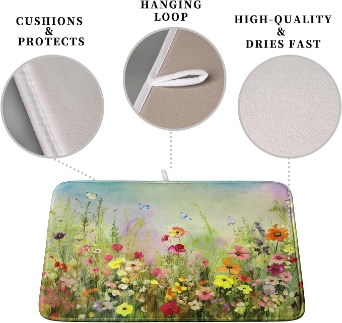 Spring Floral Dish Drying Mat for Kitchen Counter 18x24 Inch Sage Green Wild - Image 3