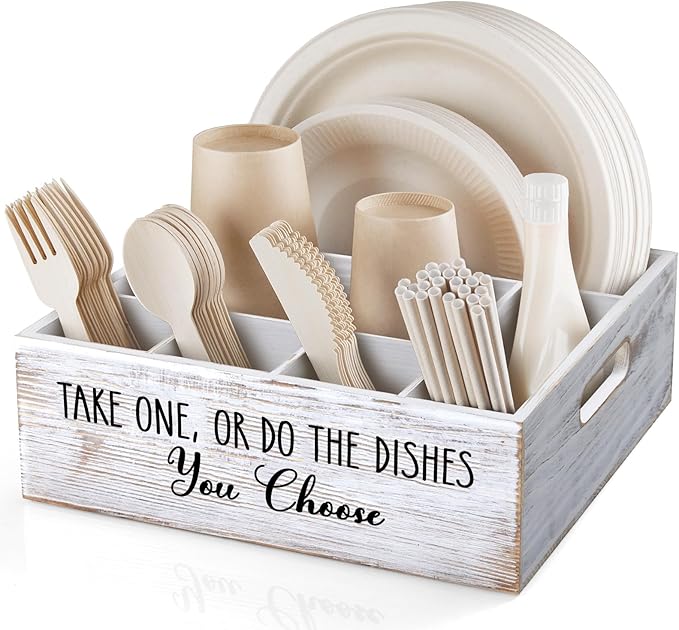 ALELION Rustic White Plate and Utensil Caddy, 6-Compartment Paper Plate and by ALELION
