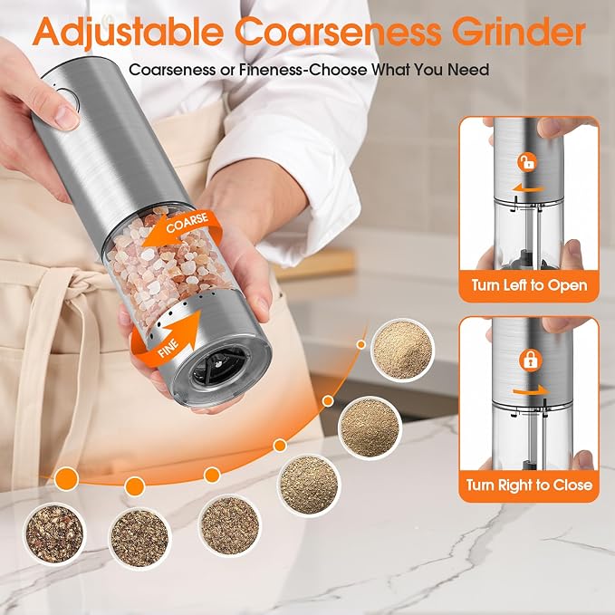 WOWBOX Electric Salt and Pepper Grinder Set 2 PCS, Stainless Steel Automatic - Image 4