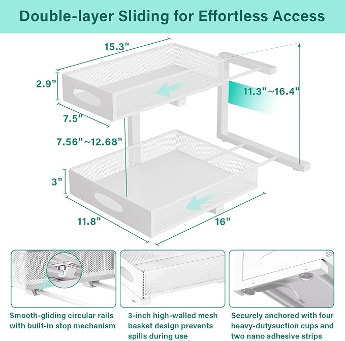 Under Sink Organizer, Extra-Wide Upgrade, 2 Pack 2 Tier Metal Slide Out Cabinet - Image 2
