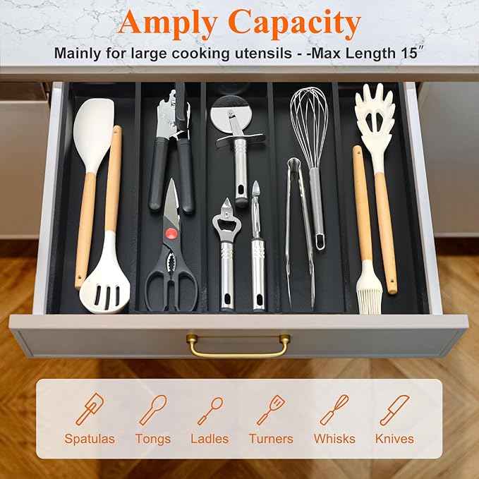 Expandable Large Kitchen Utensil Drawer Organizer Storage Black Bamboo - Image 3