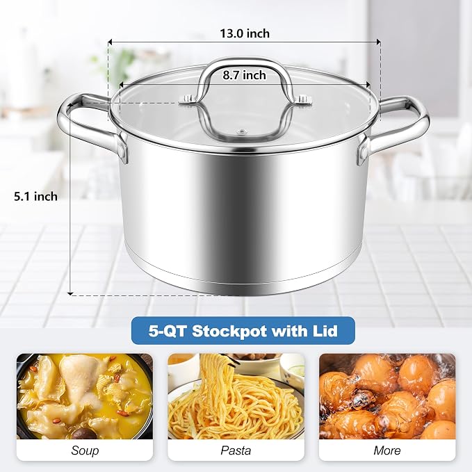 Homikit 5 Quart Stock Pot, Stainless Steel Soup Cooking Pot - Image 2