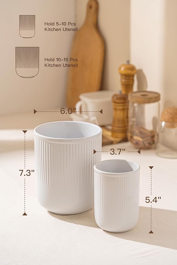 FOBENTA Utensil Holder, 7.3’’+5.4’’ Ceramic Kitchen Utensil Holder - Image 2