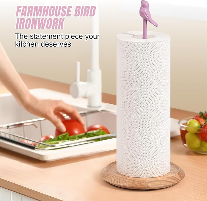 Wooden Paper Towel Holder countertop, Stylish Bird Shaped, Solid Wood Base&Iron - Image 2