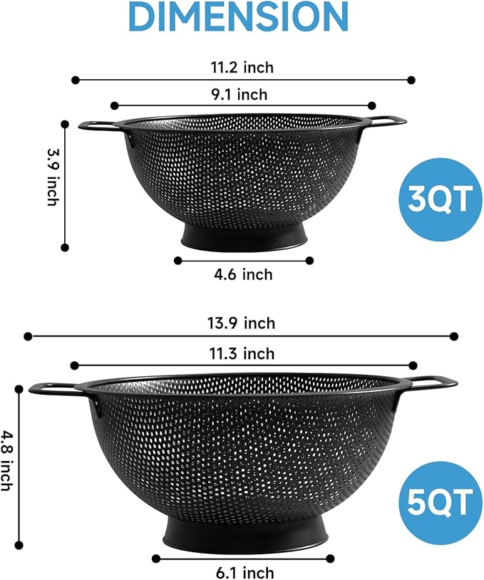 Black Colander for Kitchen, Stainless Steel Pasta Strainer - Image 4