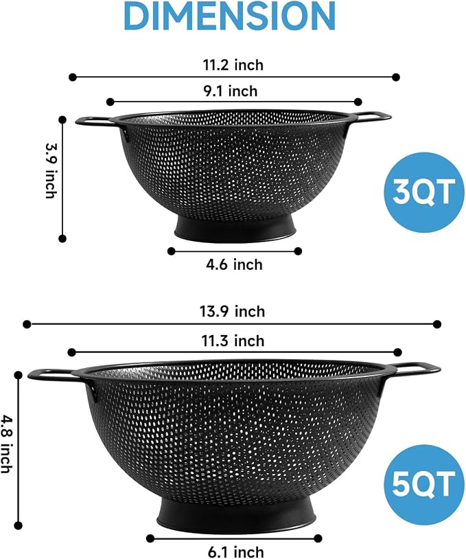 2PCS Black Colander for Kitchen, 3QT and 5QT, Stainless Steel Pasta Strainer - Image 2
