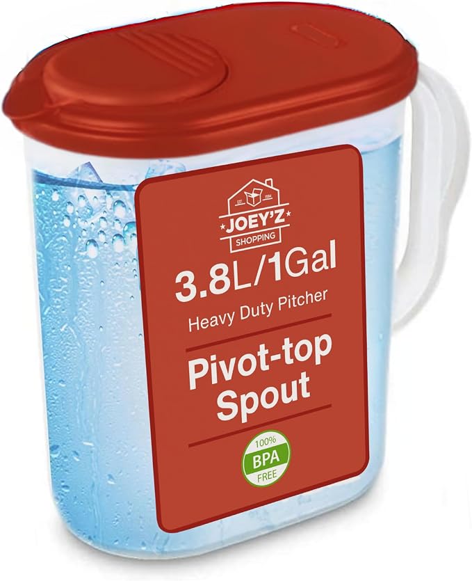 1 Gallon Water Pitcher with Lid & Pivot Top Spout -Slim Design Fits Fridge by JOEYZ