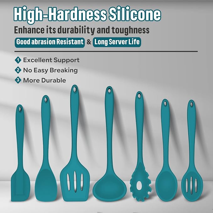 Silicone Cooking Utensils Set, E-far 7-Piece Blue Heat Resistant Kitchen - Image 2