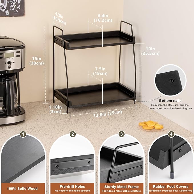 ANBOXIT 2-Tier Coffee Station Organizer, Wooden Kitchen Counter Shelf - Image 3