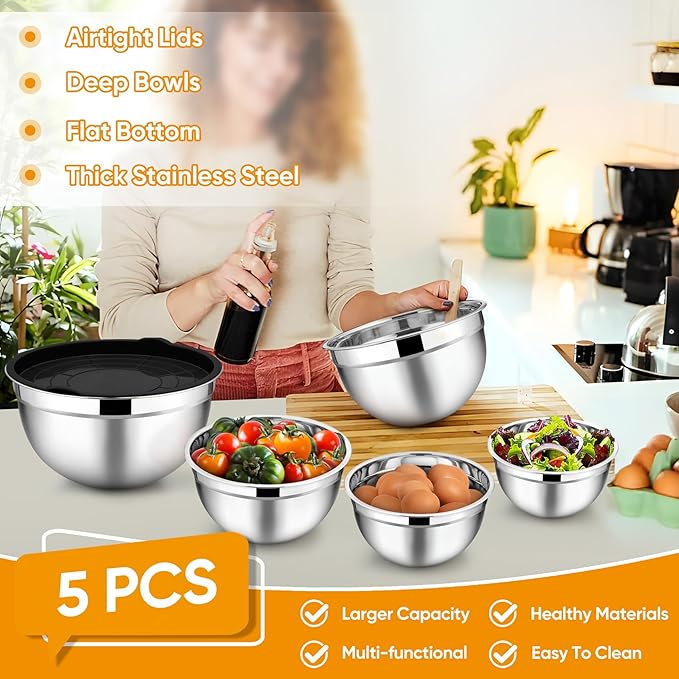TeamFar Mixing Bowl Set of 5, 4.5/3/1.5/1/0.7 QT, Stainless Steel Metal Nesting - Image 3