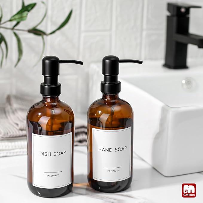GMISUN Amber Glass Soap Dispenser, 2 Pack Bathroom Hand Soap Dispensers - Image 5