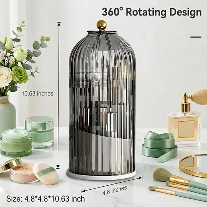 Makeup Brush Holder with Lid 360° Rotating 3-Compartment Makeup Organizers - Image 8