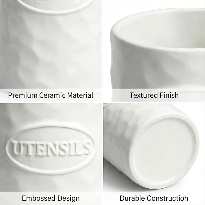 White Utensil Holder Set of 2 Ceramic Cooking Utensil Crock Modern Kitchen - Image 8