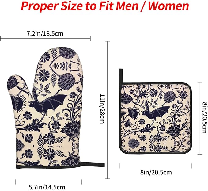 Bats and Flower Oven Mitts and Pot Holders Sets of 4, Resistant Hot Pads - Image 3